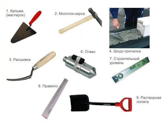 Инструменты для монтажа кирпичного бассейна