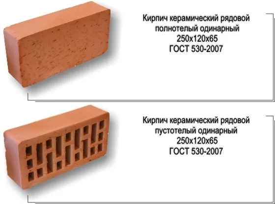 Общий вид полнотелого и пустотелого керамического кирпича