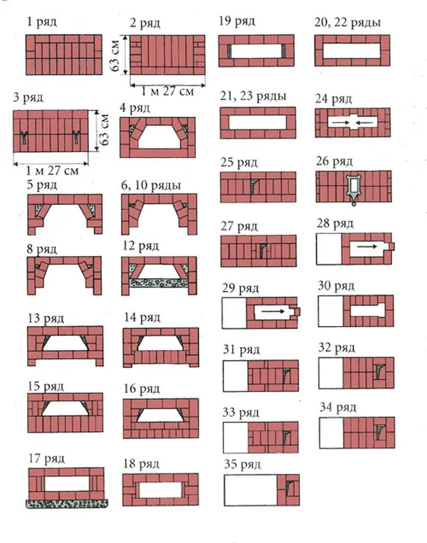 Схема кладки камина из кирпича