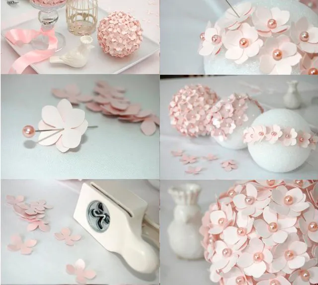 Декорирование шара из пенопласта при помощи бумажных цветочков и швейных иголок