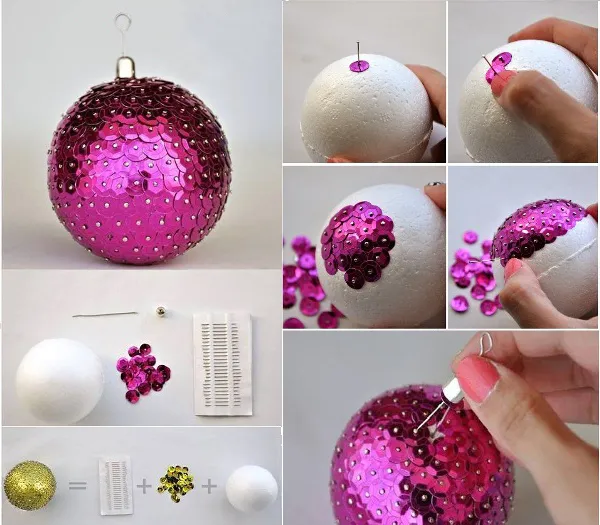 Декорирование шара из пенопласта при помощи паеток
